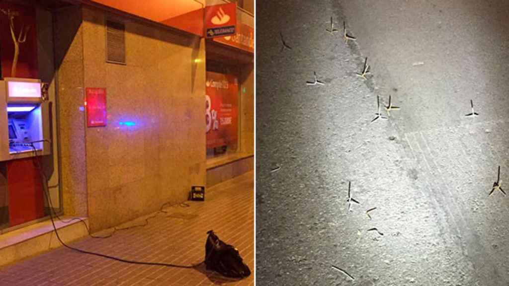 Un bolso-bomba conectado a un cajero en Badalona (izquierda), y pinchos esparcidos en las calles de alrededor para inutilizar las ruedas de los vehículos policiales (derecha) / CG