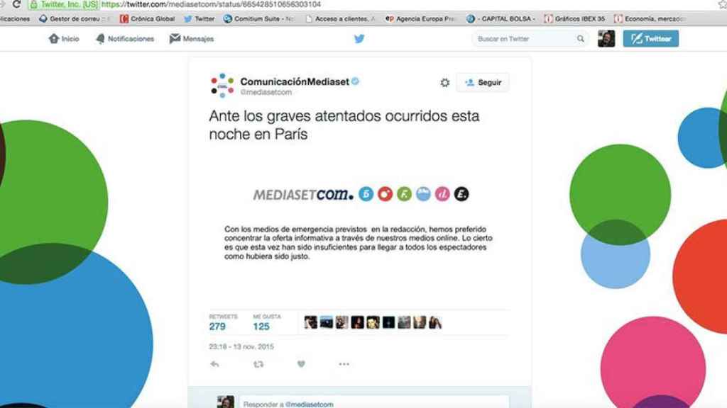 El tuit lanzado por Mediaset.