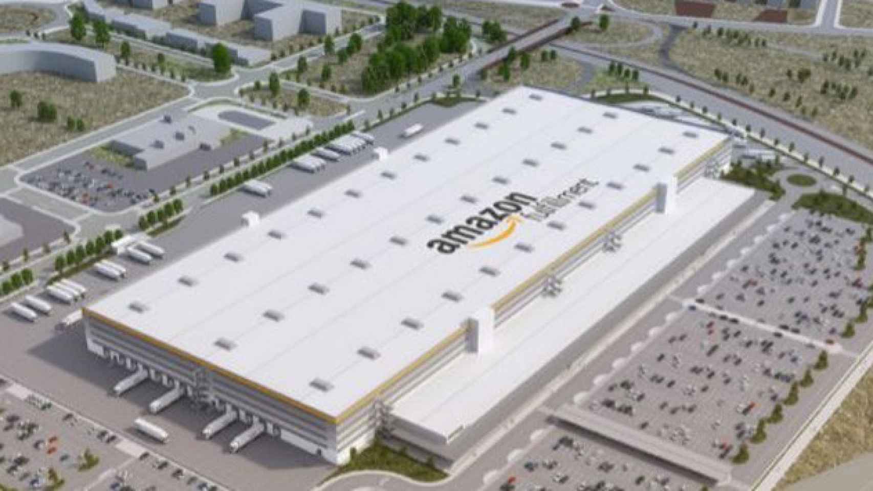 La maqueta de la plataforma logística que Amazon construye en El Prat / CG