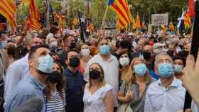 El presidente Pere Aragonès, Oriol Junqueras, Laura Vilagrà, Roger Torrent, Marta Vilalta, Raül Romeva y Meritxell Serret (ERC) en la manifestación de la ANC por la Diada / EP