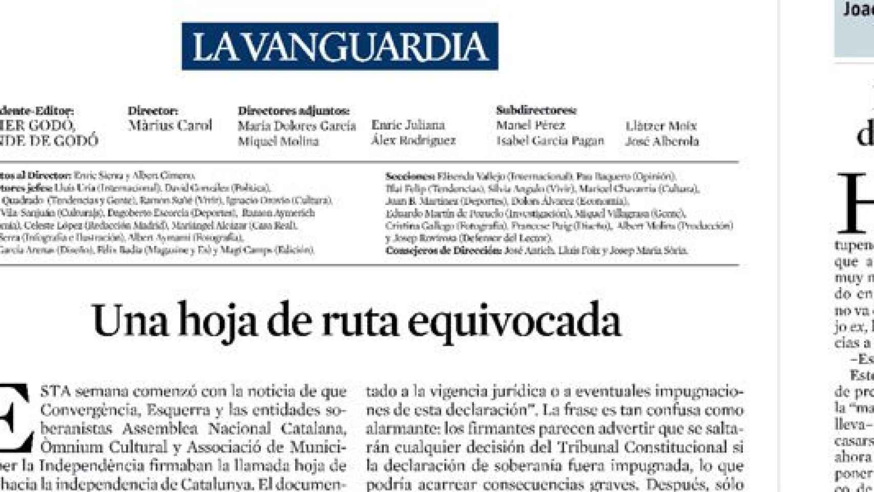 Editorial de 'La Vanguardia' contra la hoja de ruta independentista acordada por CDC y ERC