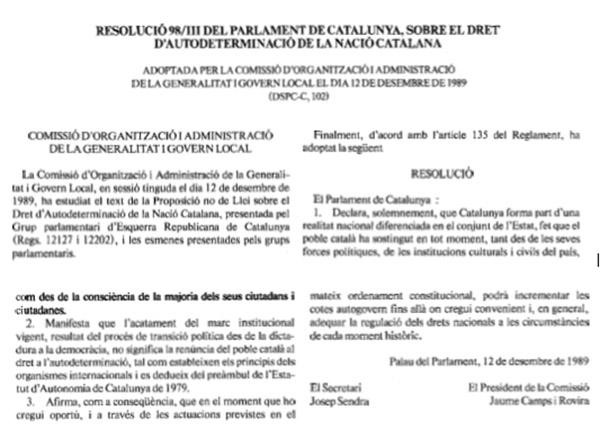 Resolución sobre la autodeterminación aprobada en 1989 en el Parlament