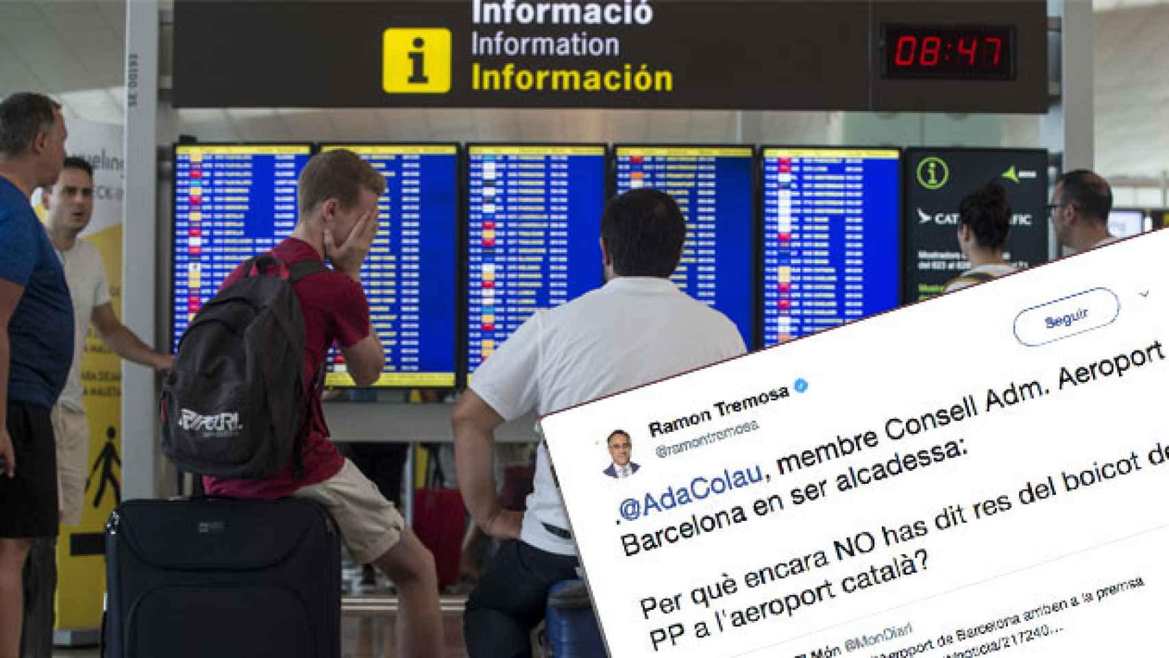 Vista del aeropuerto de El Prat de Barcelona y el tuit de Ramon Tremosa, eurodiputado del PDeCAT / FOTOMONTAJE CG