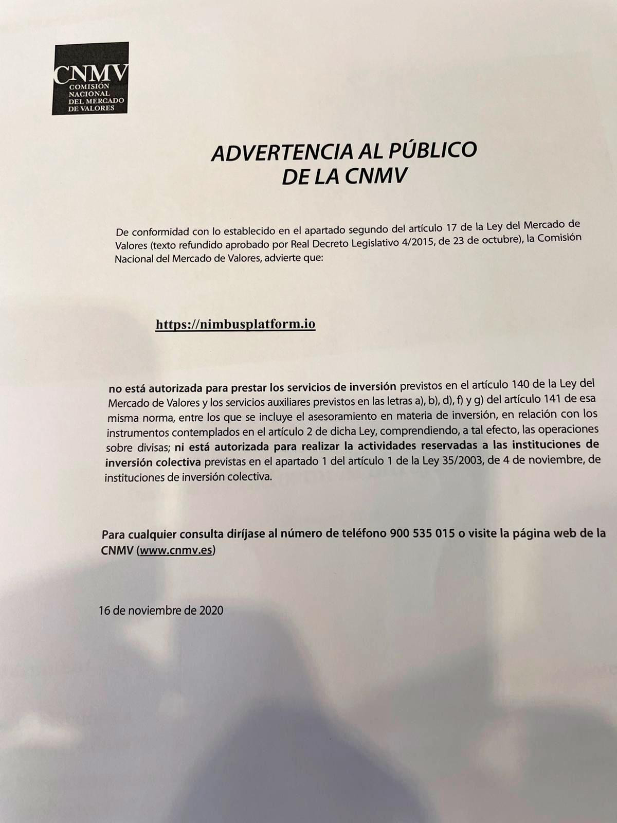 La nota de la CNMV alertando de que Nimbus no está autorizado para prestar servicios de inversión / CG