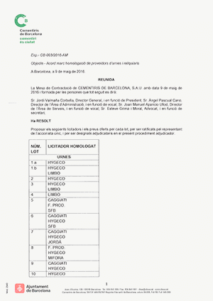 Adjudicación de las urnas del Cementerio de Barcelona