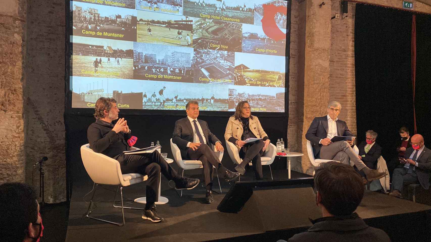 Joan Laporta presentando su proyecto del Espai Barça junto a Juli Guiu, Elena Fort y Jordi Llauradó / 'Estimem el Barça'