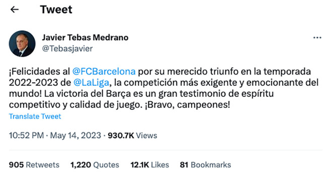 La felicitación de Javier Tebas al Barça por la consecución de la Liga