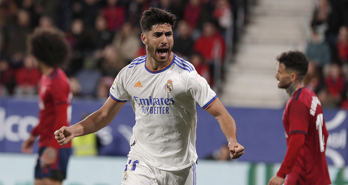 La celebración de Marco Asensio, tras marcar un gol en la victoria del Real Madrid ante Osasuna / EFE