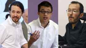 Pablo Iglesias (i), Íñigo Errejón (c) y Pablo Echenique (d), los tres principales cargos de Podemos.