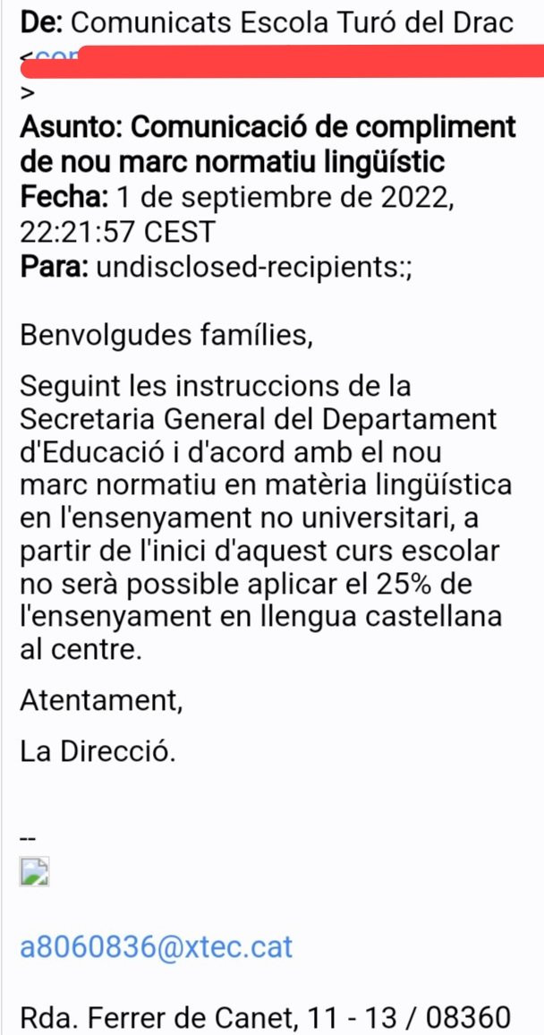 Correo electrónico de la dirección de la escuela de Canet de Mar a la familia que solicitó un 25%