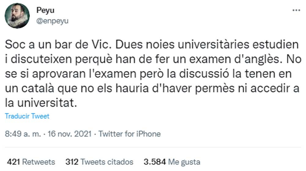 Peyu, dando 'lecciones' sobre cómo se habla en catalán mientras escribe con faltas de ortografía / TWITTER