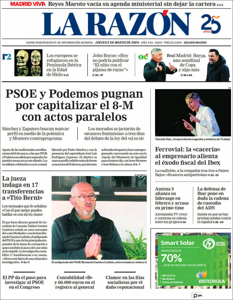 Portada de 'La Razón' de 2 de marzo de 2023 / KIOSKO.NET