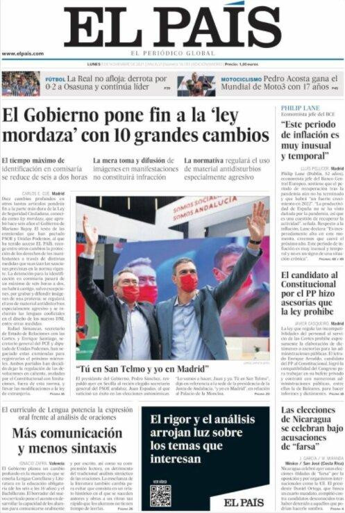 Portada de 'El País' del 8 de noviembre de 2021 / KIOSKO.NET