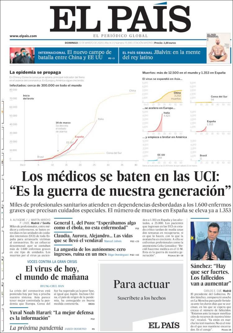 Portada de 'El País' del 22 de marzo de 2020