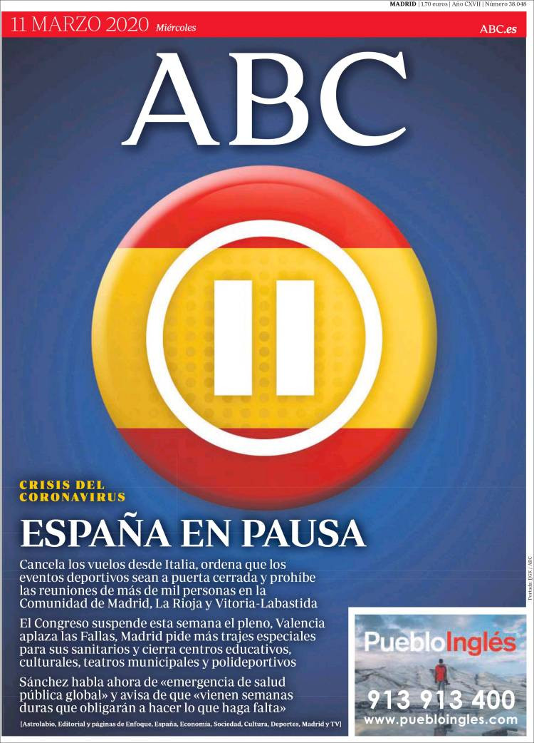 Portada de ABC del miércoles, 11 de marzo de 2020