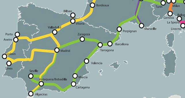 El corredor ferroviario atlántico (amarillo) y mediterráneo (verde) de la Red Transeuropea de Transporte a su paso por España / PE