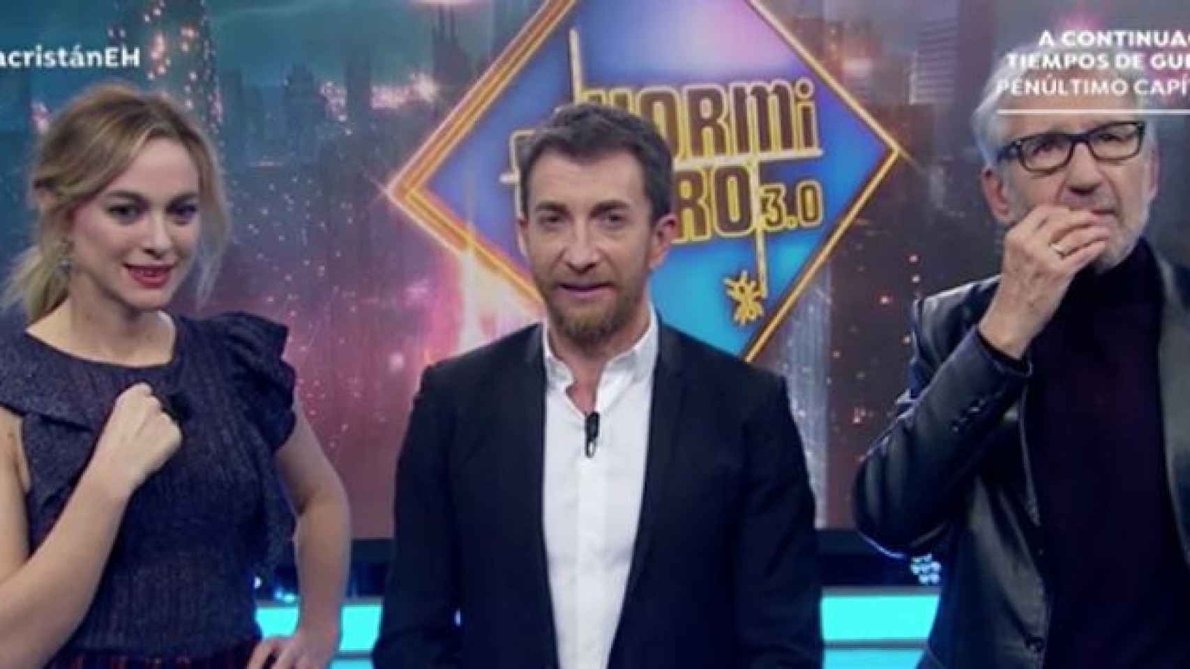 Marta Hazas, Pablo Motos y José Sacristán (d) en 'El Hormiguero' del miércoles / CD