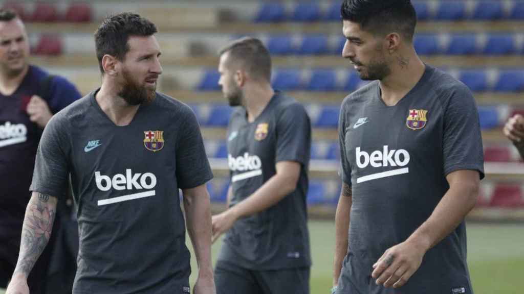 Una foto de Leo Messi y Luis Suárez en un entrenamiento del Barça / FCB