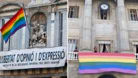 Ls banderas LGTBI colgadas en el Palau de la Generalitat (i) y el Ayuntamiento de Barcelona / EFE