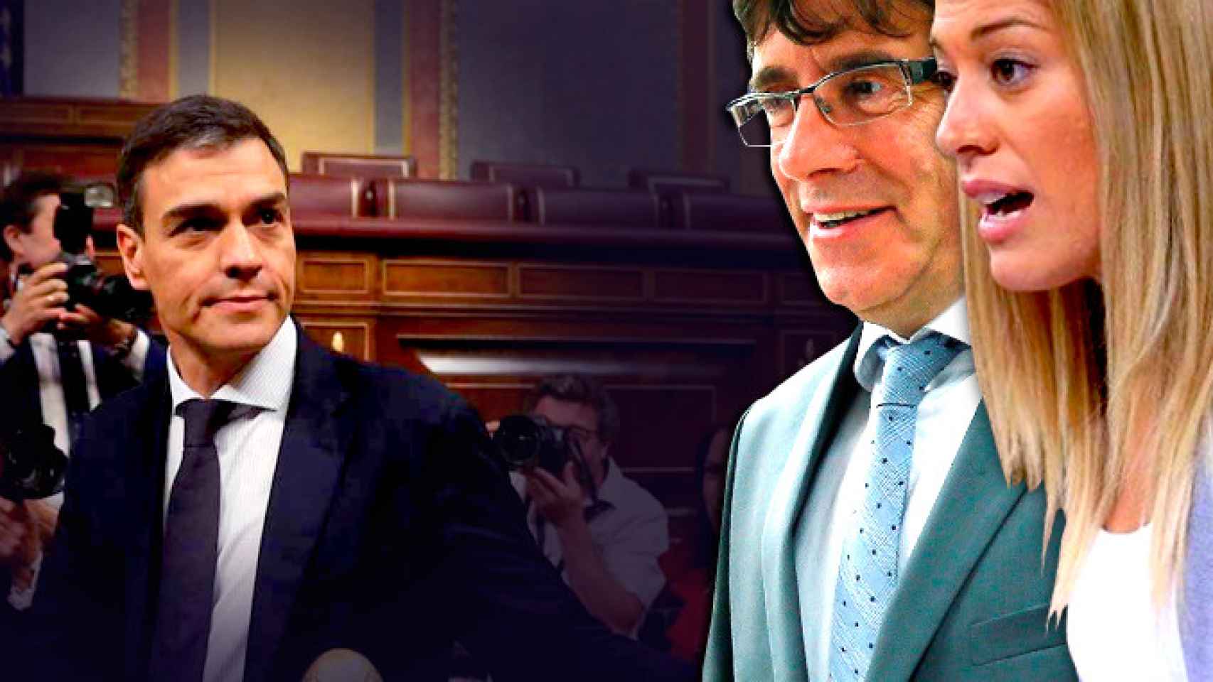 Carles Puigdemont y Míriam Nogueras 'sobrevuelan' el Congreso, frente al presidente del Gobierno, Pedro Sánchez / CG