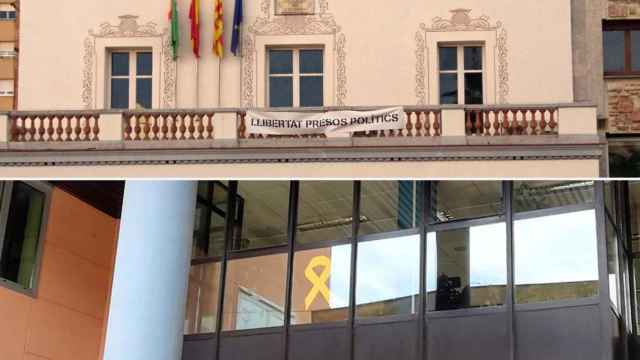 Arriba, la fachada del Ayuntamiento de Cerdanyola del Vallès; abajo, la fachada del Ayuntamiento de Montcada i Reixac; Ciudadanos pide actuar contra los lazos amarillos