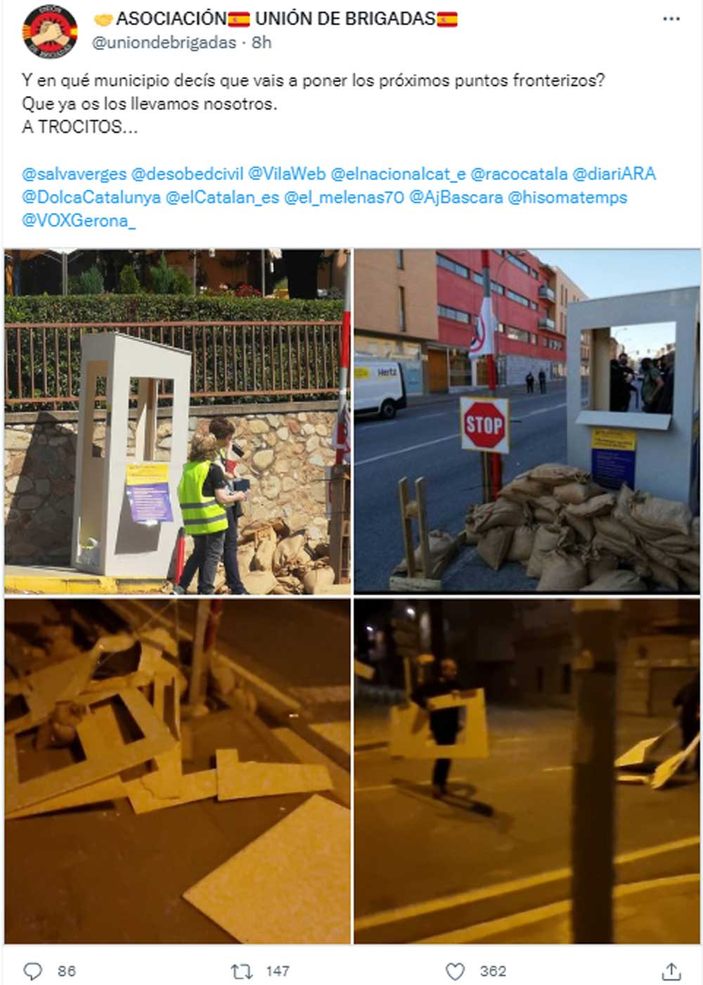 Miembros de Asociación Unión de Brigadas, retirando la 'performance' de Bàscara / @uniondebrigadas (TWITTER)