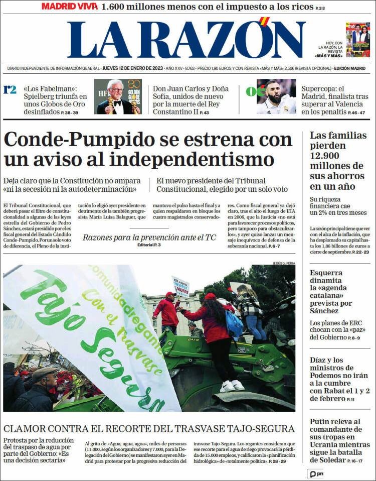 Portada de 'La Razón' de 12 de enero de 2023 / KIOSKO.NET