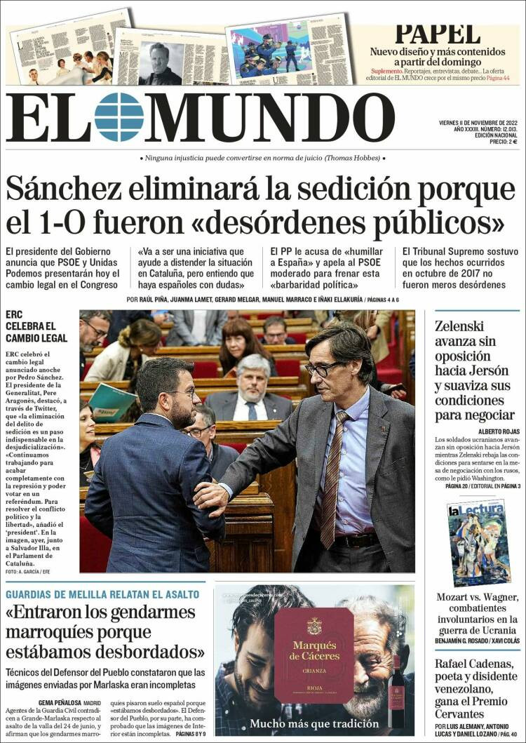 Portada de 'El Mundo' de 11 de noviembre de 2022 / KIOSKO.NET