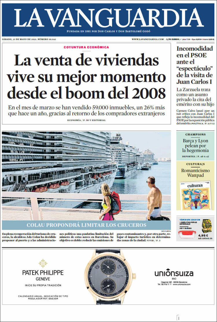 Portada de 'La Vanguardia' del 21 de mayo del 2022