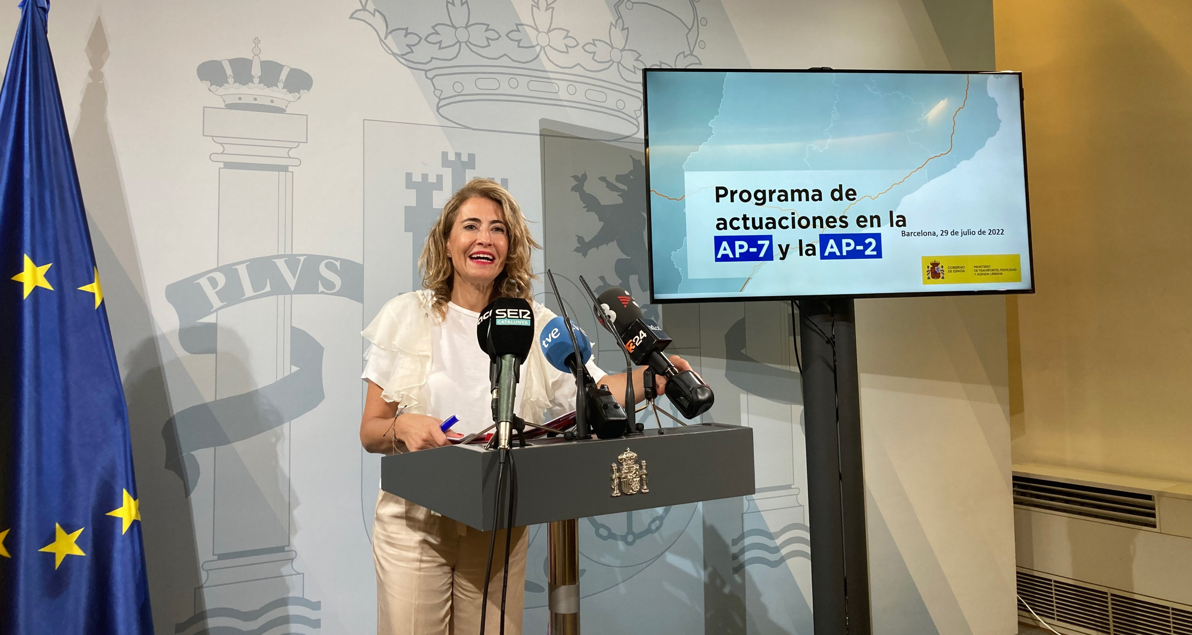 La ministra de Transportes, Movilidad y Agenda Urbana, Raquel Sánchez, durante la presentacón del programa de actuaciones en la AP-7 y la AP-2 en Cataluña / EUROPA PRESS