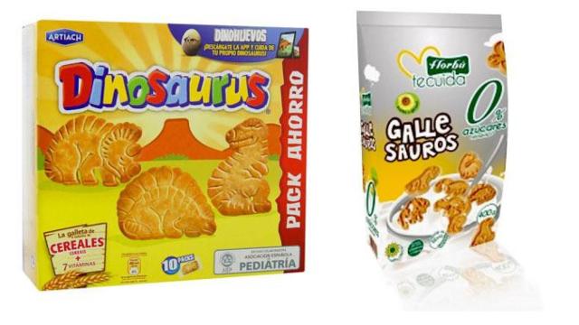 Dos paquetes de galletas con dinosaurios