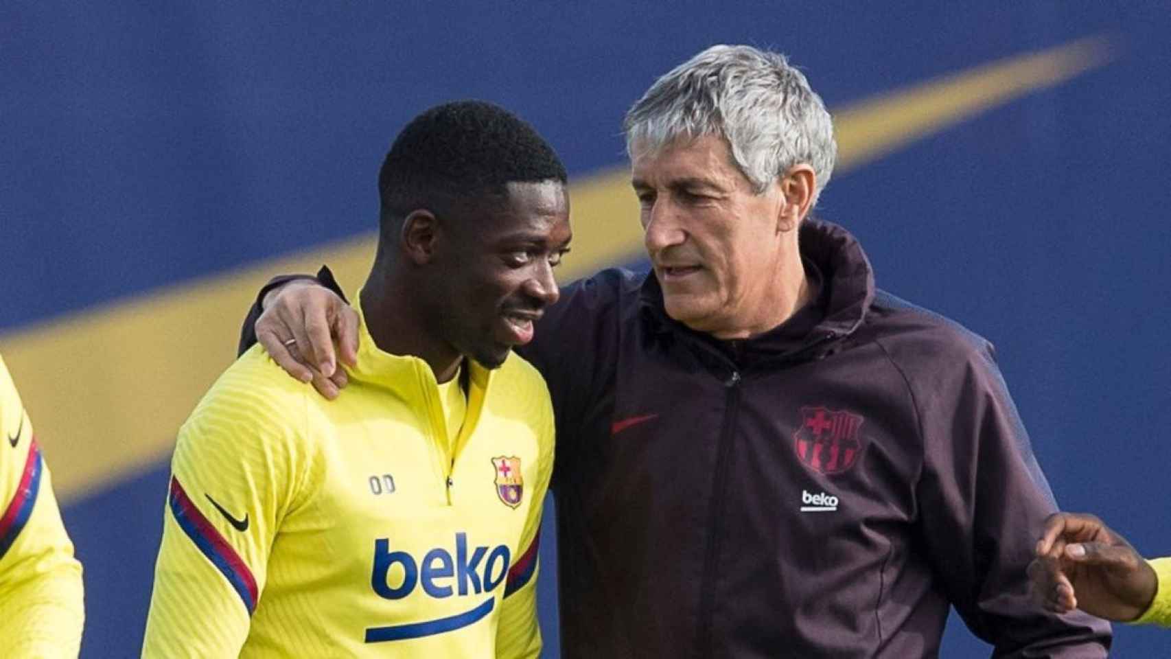 Setién, junto a Dembelé en un entrenamiento | FCB