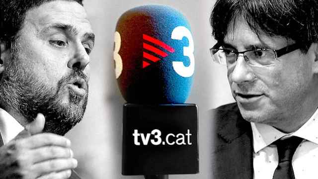 Oriol Junqueras y Carles Puigdemont separados por un micrófono de TV3 / FOTOMONTAJE DE CG