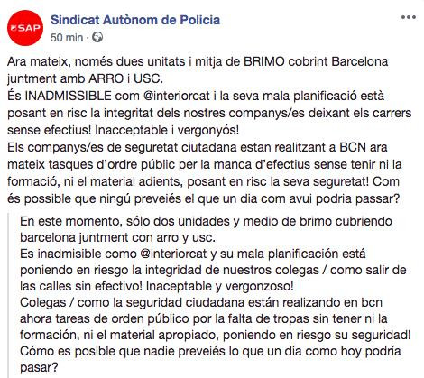 El Sindicat Autònom de Policia resume la situación vivida a las puertas del Parlament