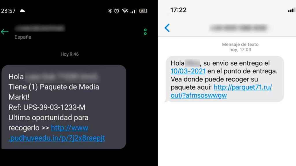 Ejemplos de SMS falsos enviados mediante el 'smishing', como los que enviaba una banda que estafó 15.000 euros para comprar 'gas de la risa', alcohol y tabaco / CG