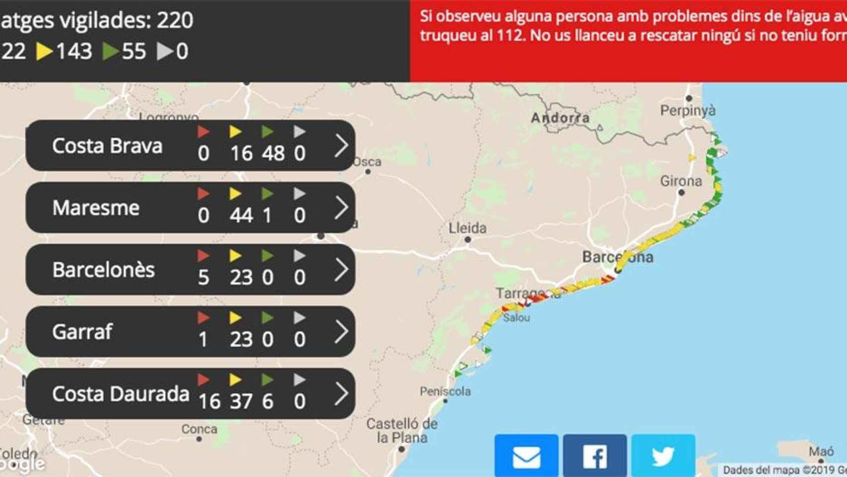 Estado de las playas catalanas este lunes 19 de agosto de 2019 / PROTECCIÓ CIVIL