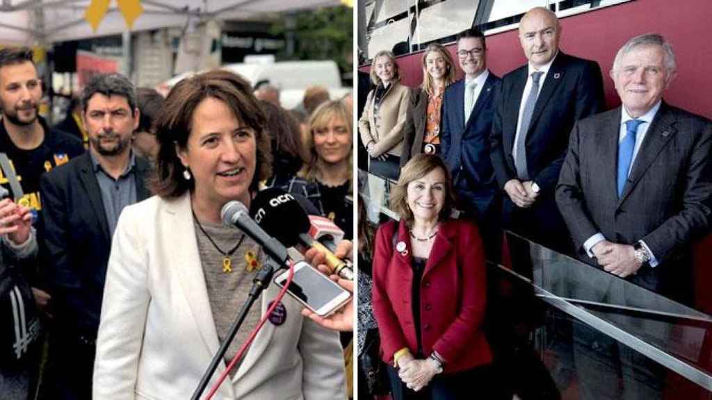 La presidenta de la ANC, Elisenda Paluzie, y algunos de sus candidatos para la Cámara de Comercio de Barcelona y Enric Crous (i) junto a los representantes de Femcat y Pimec / CG