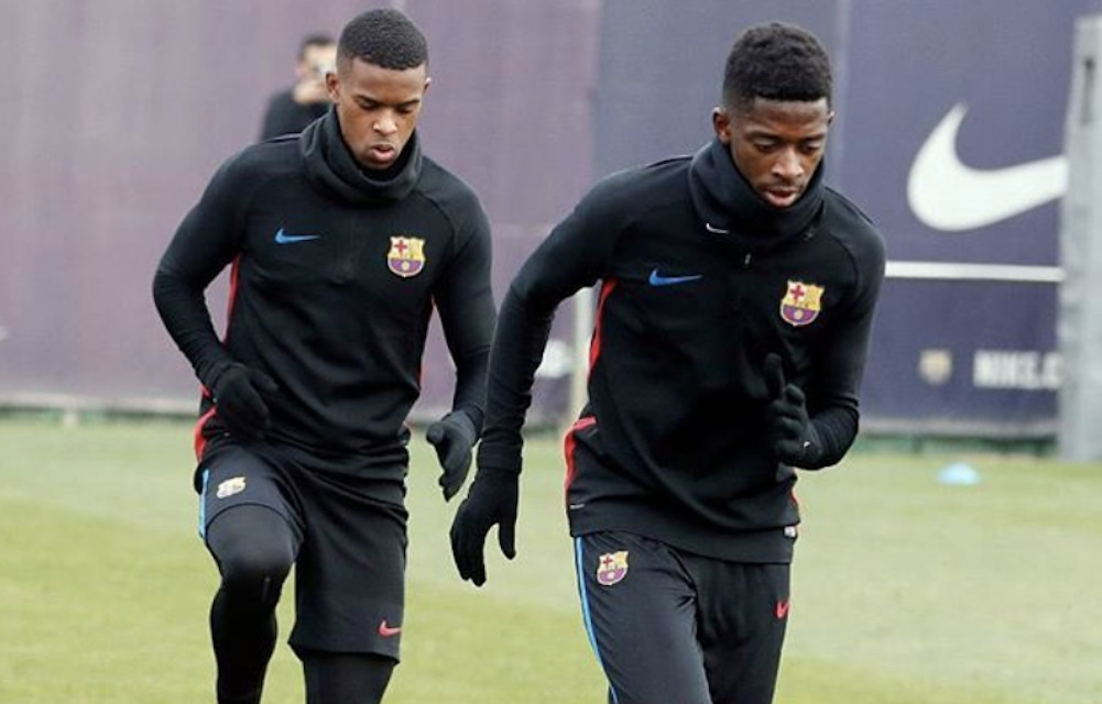 Imagen de archivo de Semedo y Dembelé en un entrenamiento con el Barça / EFE