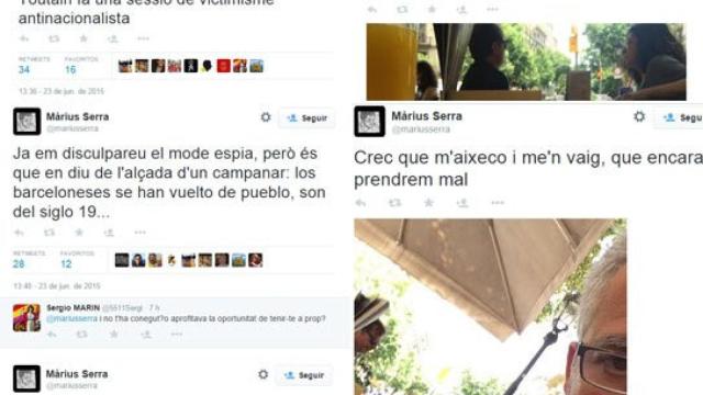 Tuits del escritor, presentador de TV3, columnista de 'La Vanguardia' y colaborador de Radio Nacional de España (RNE) Màrius Serra difundiendo una conversación privada espiada a Ferran Toutain y Miriam Tey