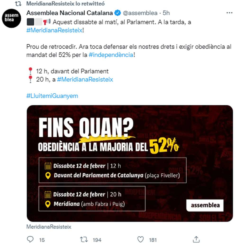 La ANC, llamando a sus seguidores a ir a sus dos actos este sábado en Barcelona, para los que fletará autobuses desde pueblos de Cataluña