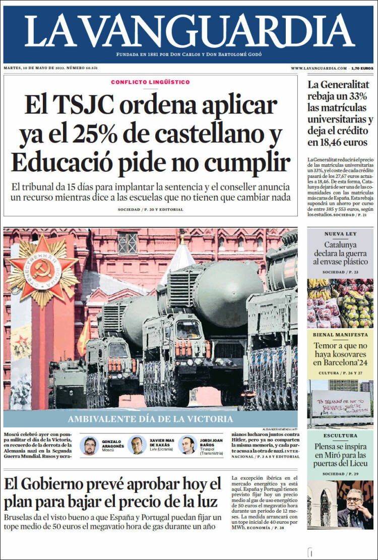 La portada de 'La Vanguardia' del 10 de mayo de 2022 / LA VANGUARDIA