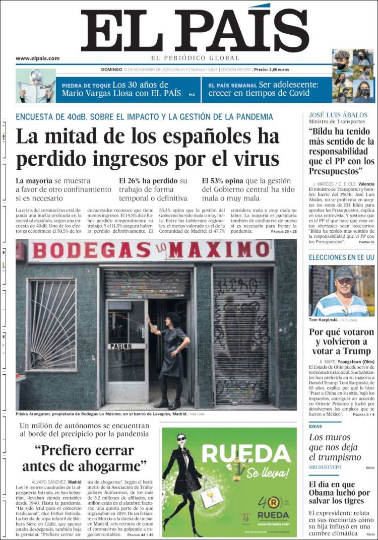 Portada de El País, 15 de noviembre de 2020