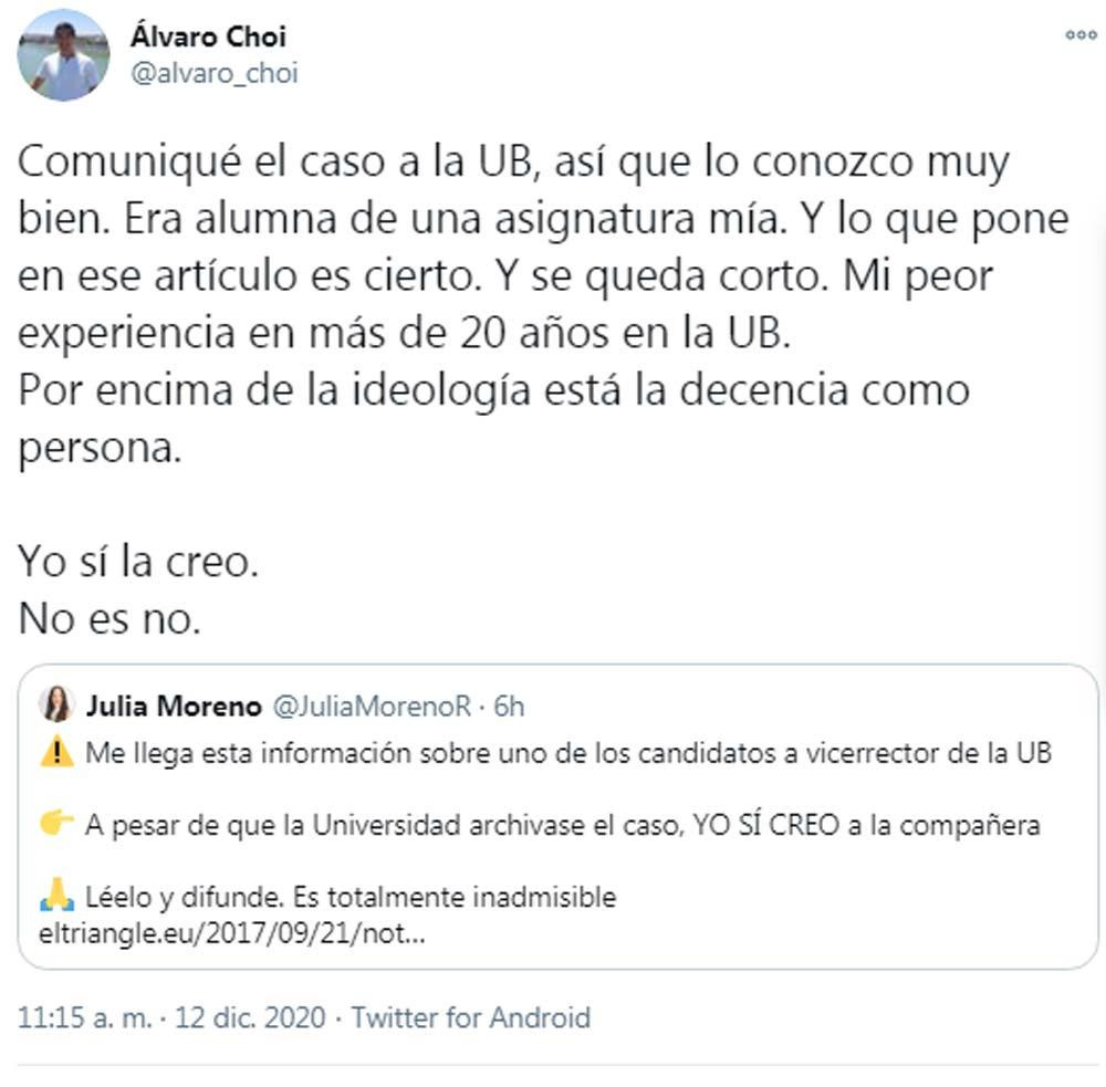 Alvaro Choi, profesor de Economía de la UB, denunciando el caso / @alvaro_choi (TWITTER)