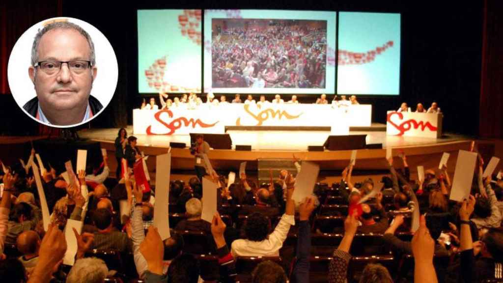 Josep Maria Violant, secretario de finanzas de UGT de Cataluña y una imagen del 15 Congreso del sindicato.