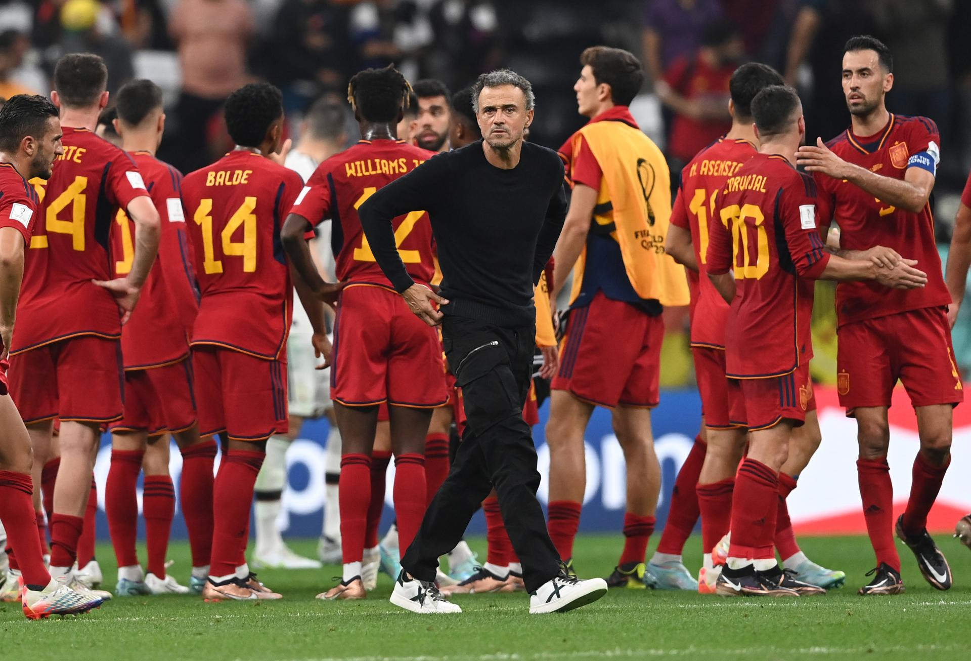 Luis Enrique, junto a sus futbolistas, tras acabar el partido ante Alemania / EFE