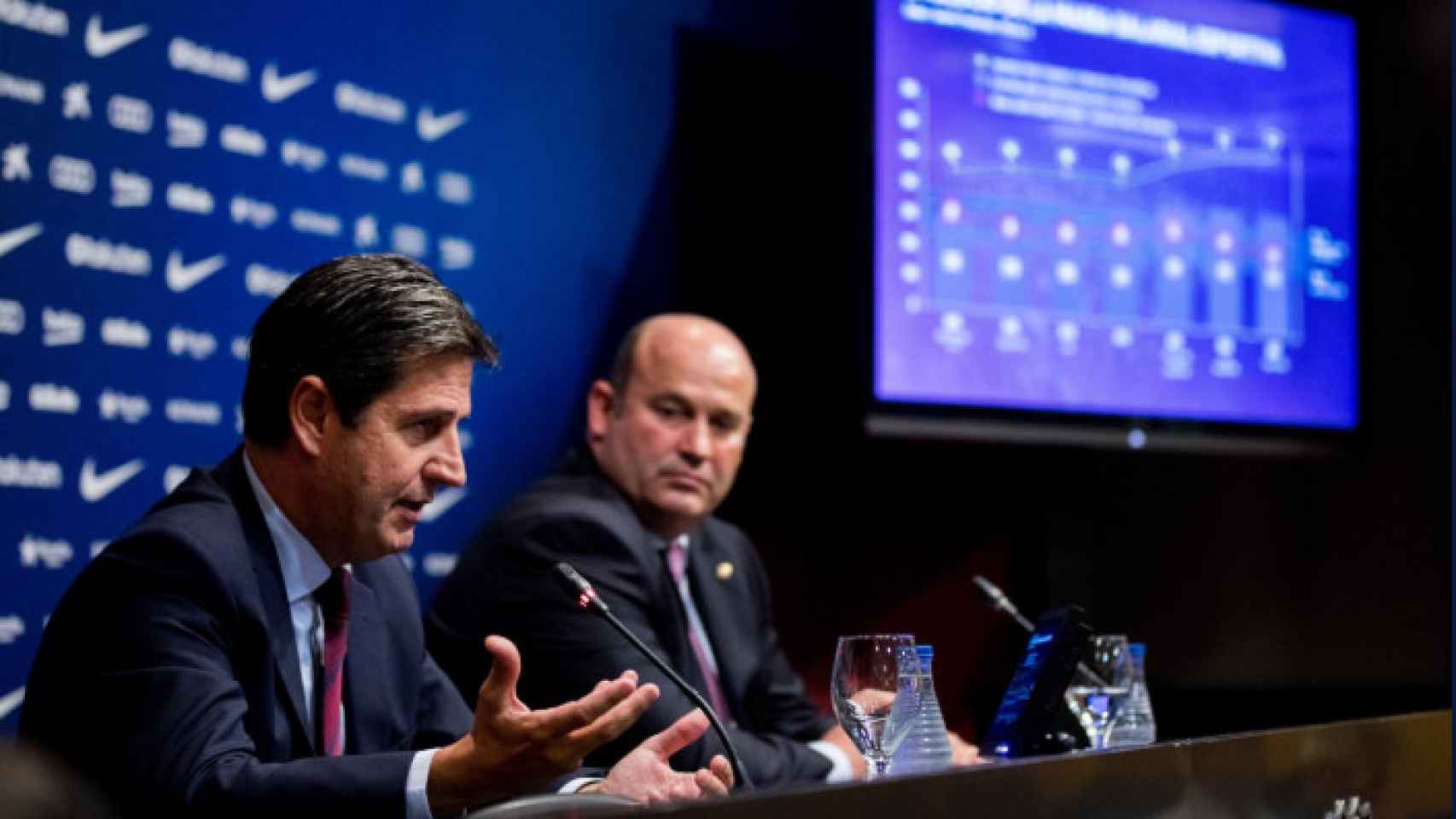 Una foto de Enrique Tombàs y Òscar Grau en la presentación de los presupuestos del FC Barcelona / FCB