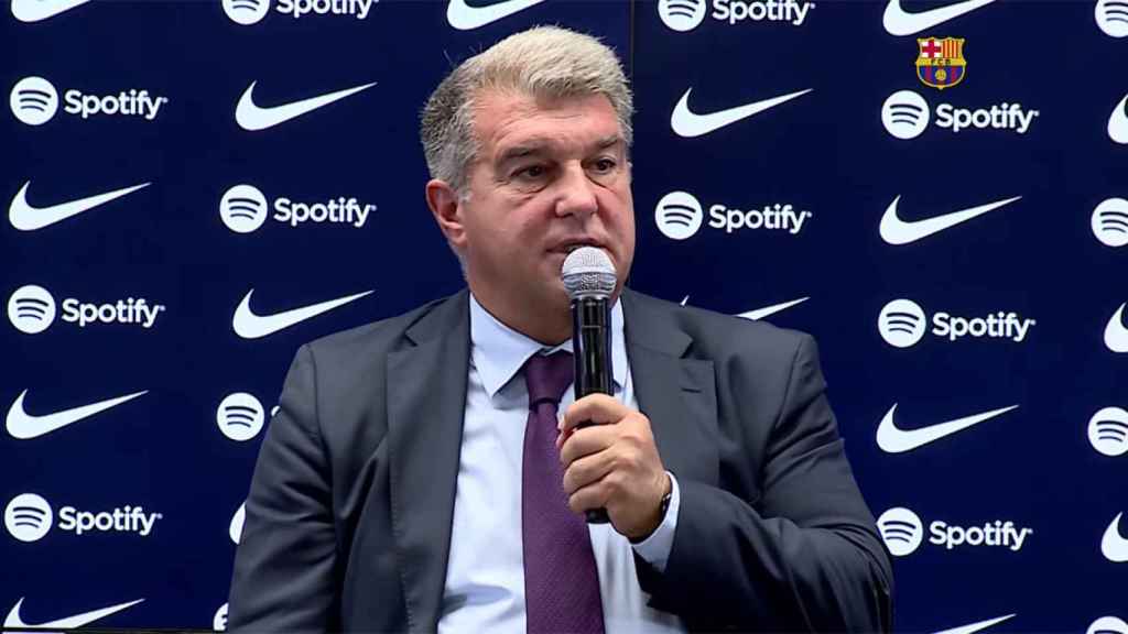 Joan Laporta, durante la presentación oficial de Koundé por el Barça / REDES