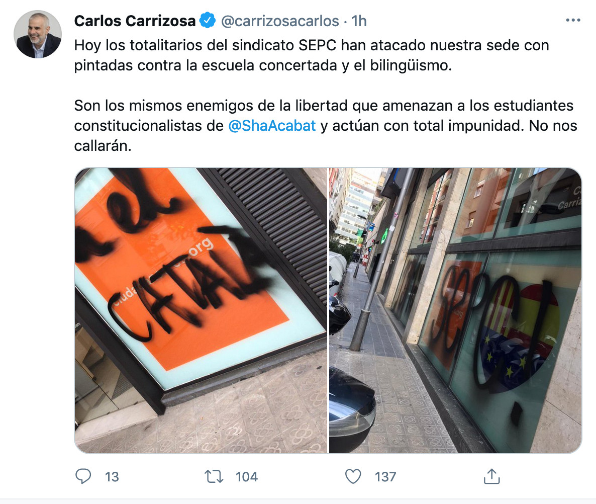 Carrizosa denuncia el ataque contra la sede de Cs en Barcelona / TWITTER