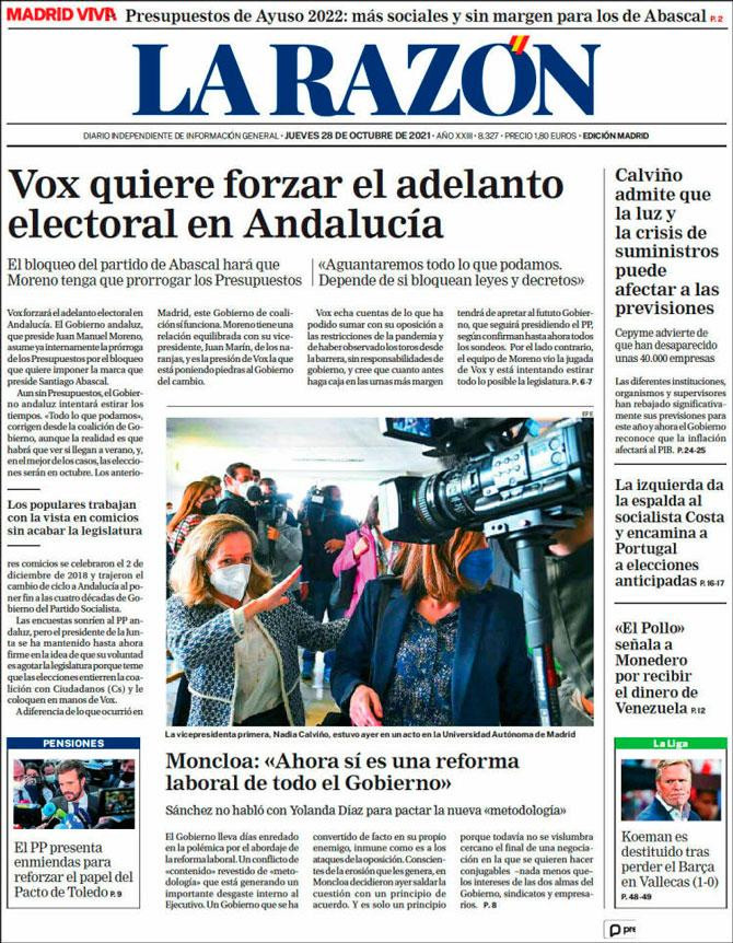 Portada de 'La Razón' del 28 de octubre de 2021 / CG