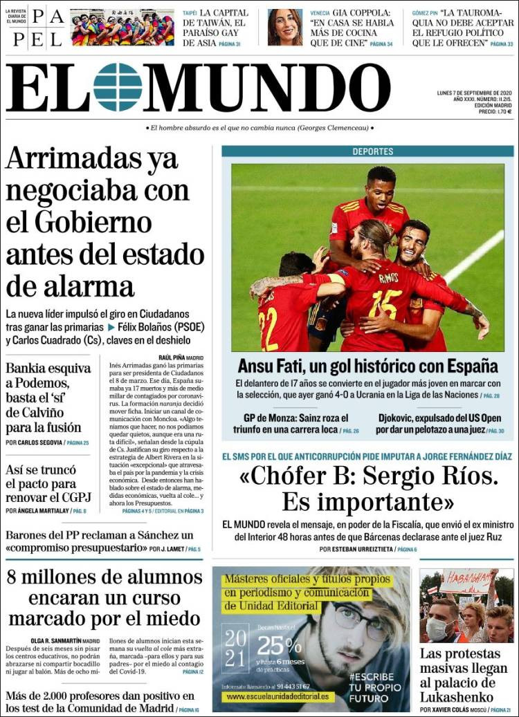 Portada de 'El Mundo' del 7 de septiembre de 2020 / KIOSKO